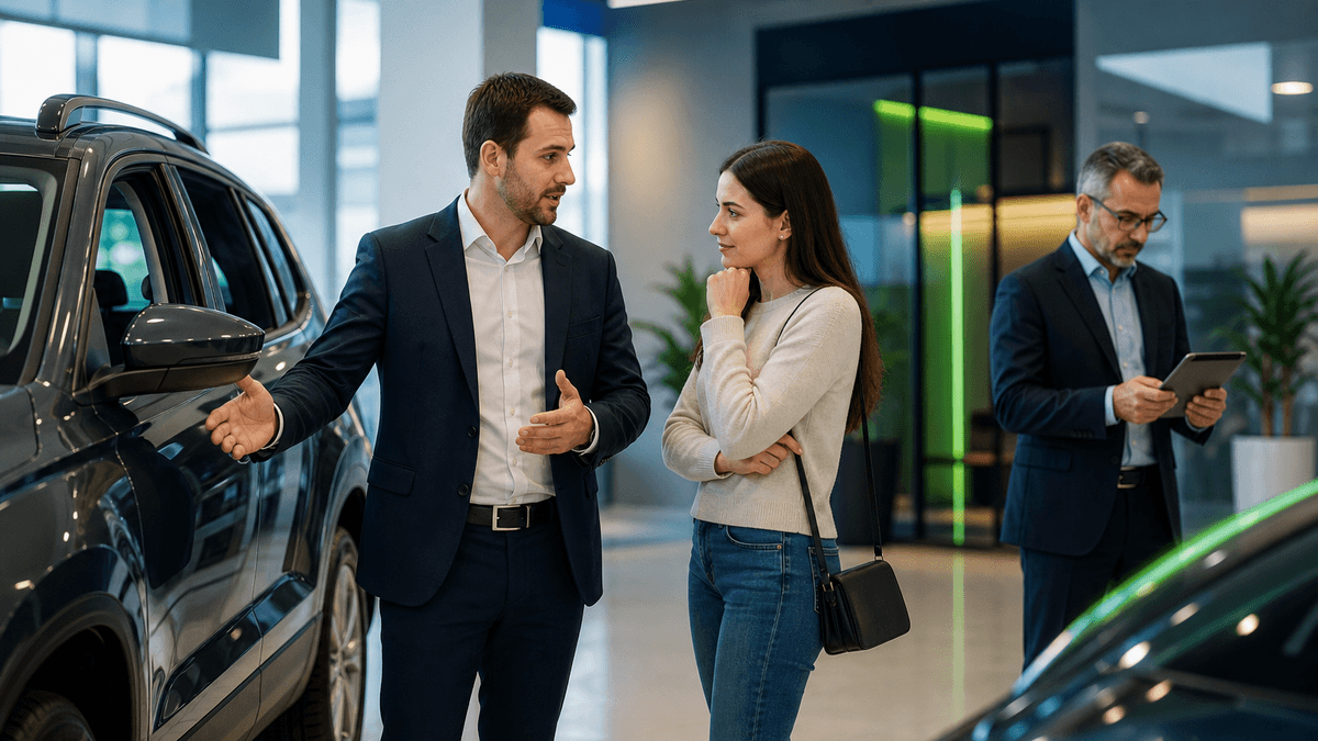 Salesperson qualifying a shopper conversation near a vehicle in a dealership showroom.