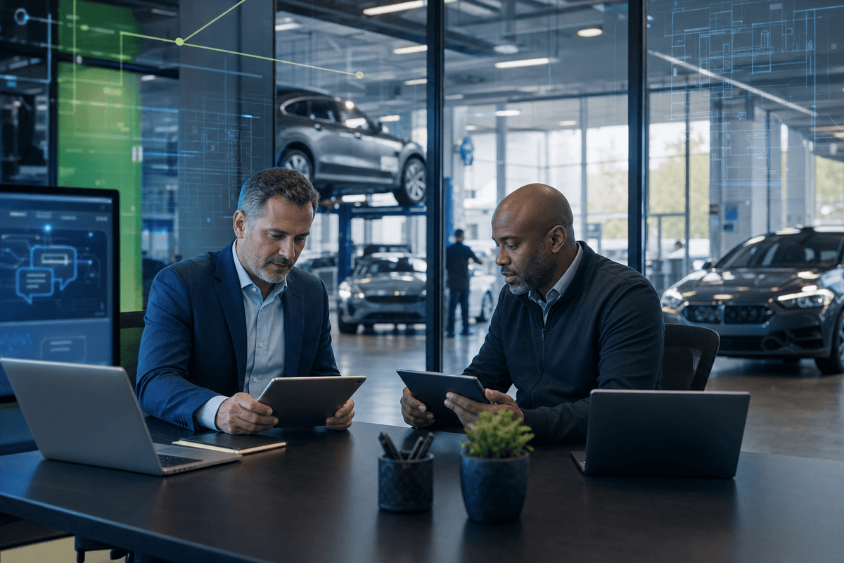 Dealer principal and fixed operations leader reviewing service-to-sales conversations in a modern dealership office