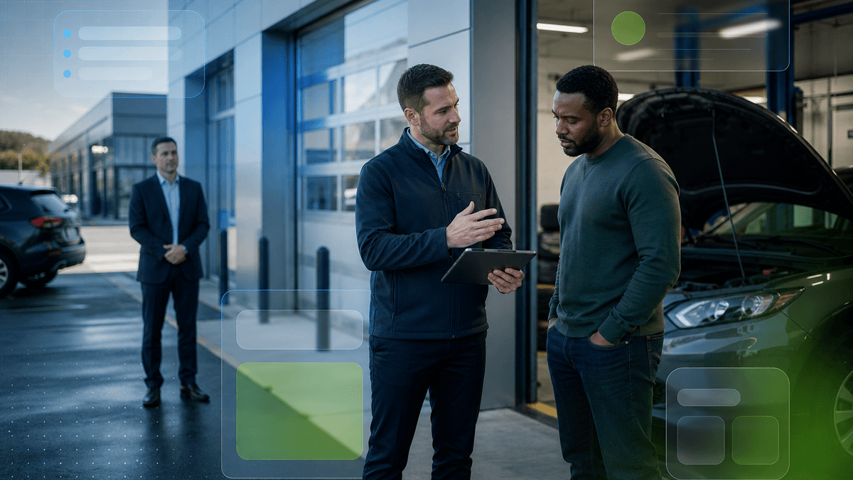 Service advisor speaking with a customer beside a vehicle in a dealership service lane