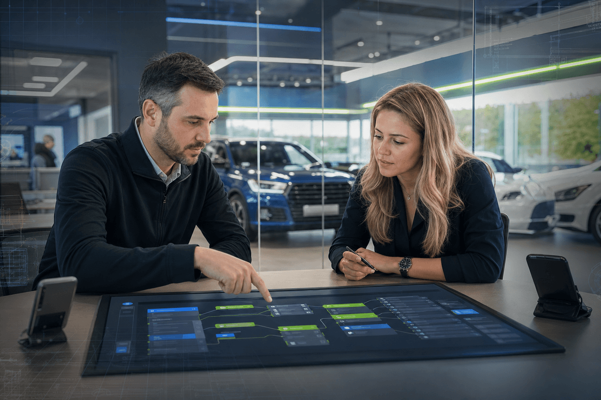 Internet sales manager reviewing a hot dealership lead workflow with a BDC rep in a modern showroom office