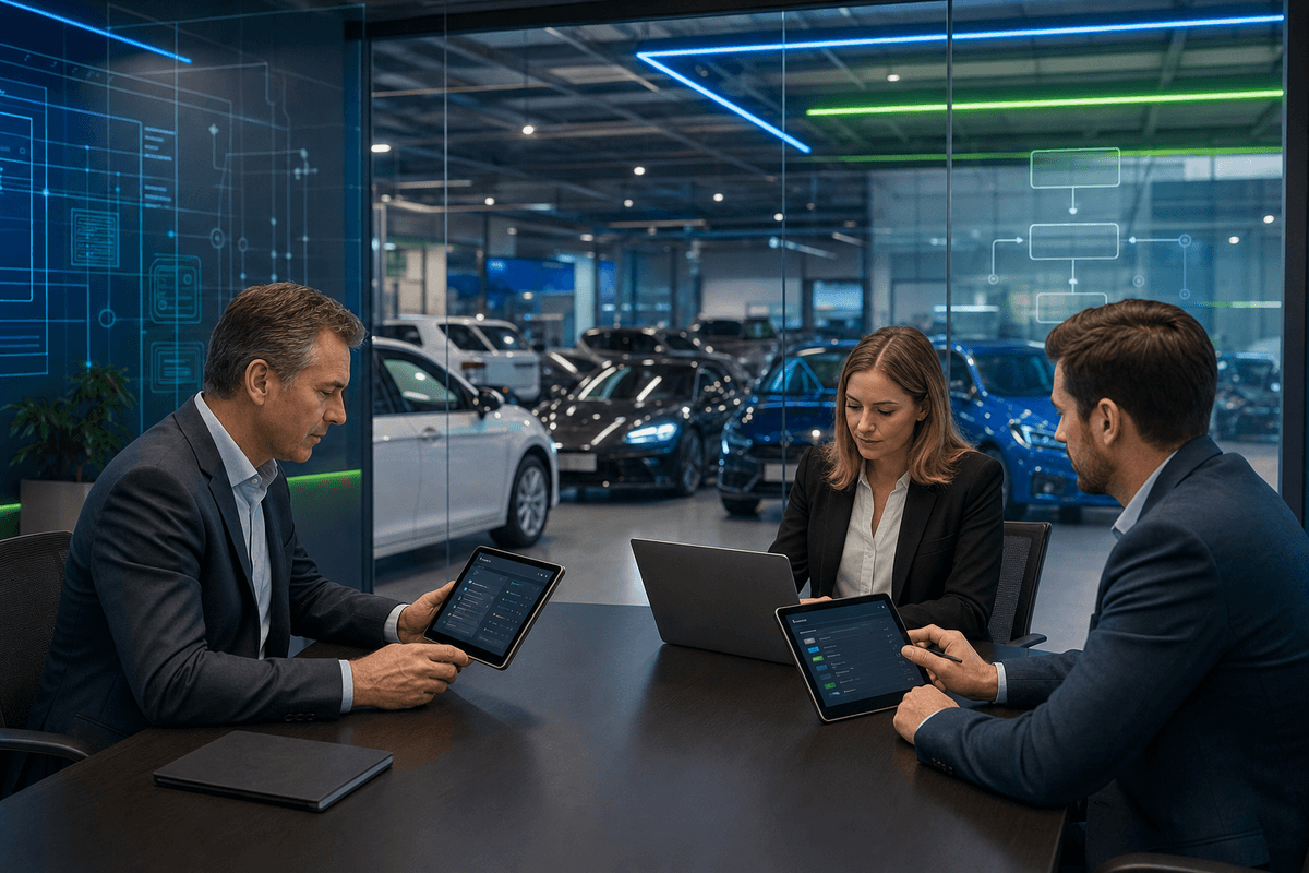 Dealer principal and sales managers reviewing customer conversation workflows in a modern showroom office