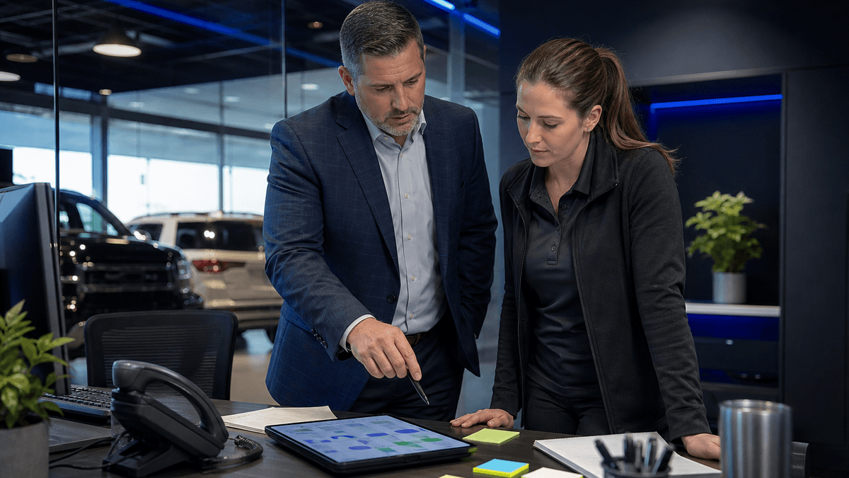 Sales manager reviewing unresolved customer conversations with a BDC lead