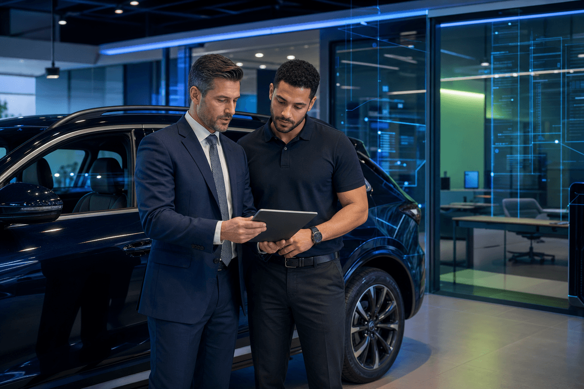 Dealership sales manager reviewing customer conversations with a salesperson in a modern showroom.