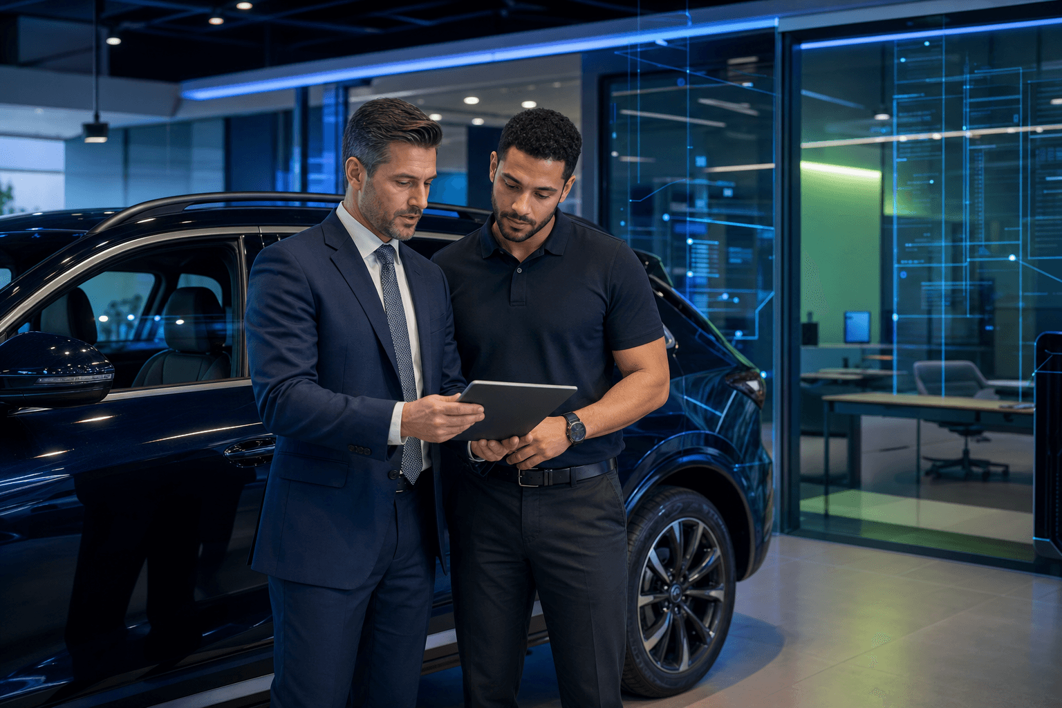 Dealership sales manager reviewing customer conversations with a salesperson in a modern showroom.