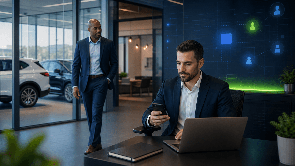 Salesperson responding to a shopper from a dealership desk while AI-assisted follow-up continues in the background.