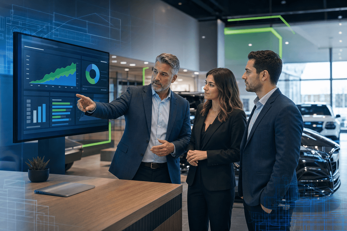 Dealership manager reviewing conversation performance with sales staff in a modern showroom