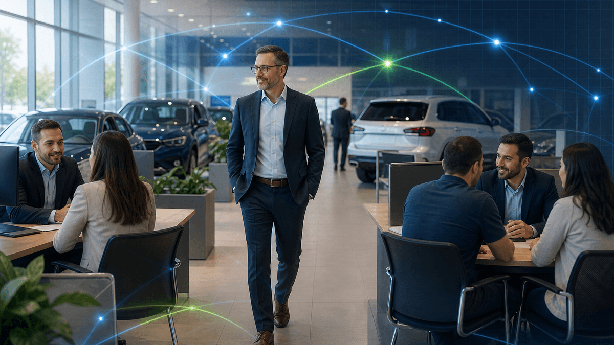 Manager tracing customer conversation ownership across a dealership sales floor