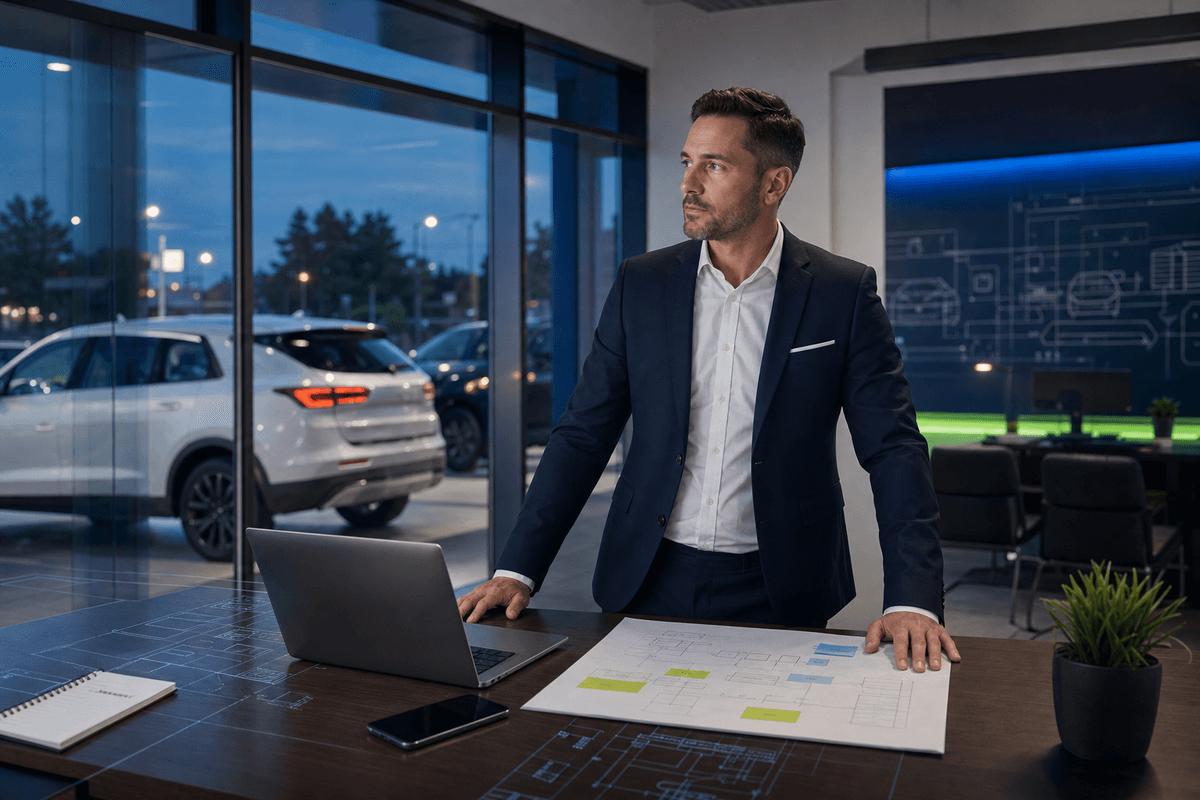 Sales manager comparing automotive CRM automation layers on a modern dealership operations desk
