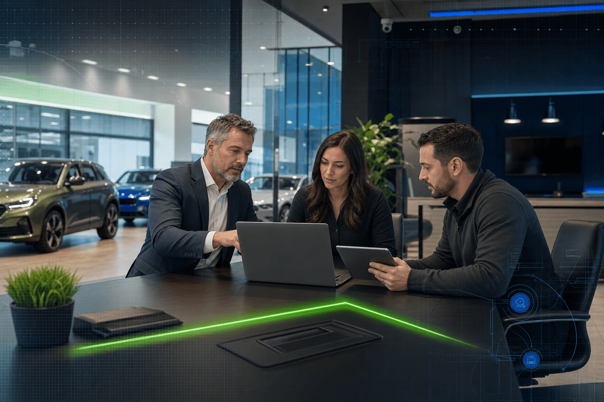 Dealership manager and sales team reviewing customer communication workflows in a modern showroom office