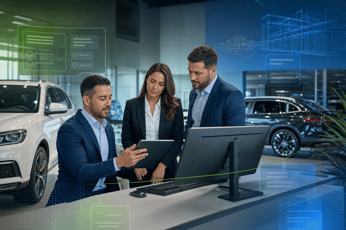 Dealership digital retailing manager reviewing customer conversation and vehicle context with sales staff in a modern showroom