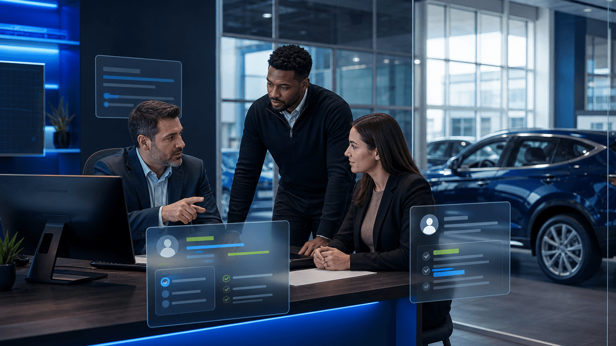 Sales manager and desk manager reviewing customer handoff notes around a vehicle deal