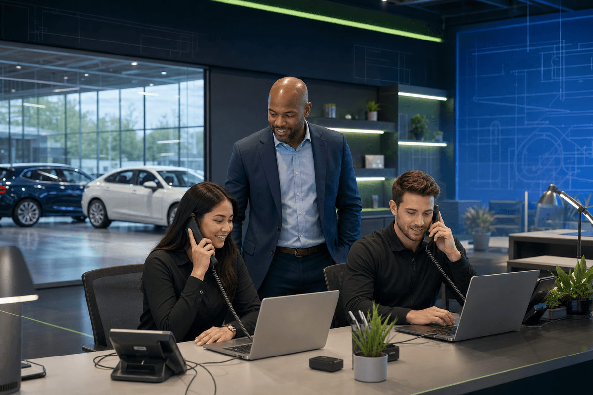 BDC manager reviewing internet lead workflow with salespeople in a modern dealership office