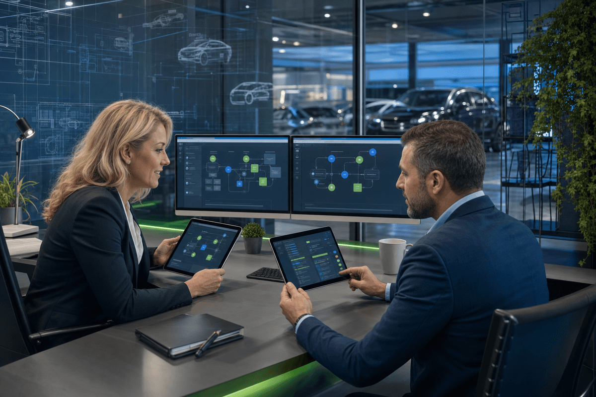 Internet sales manager reviewing dealership lead workflows with a BDC team in a modern showroom office