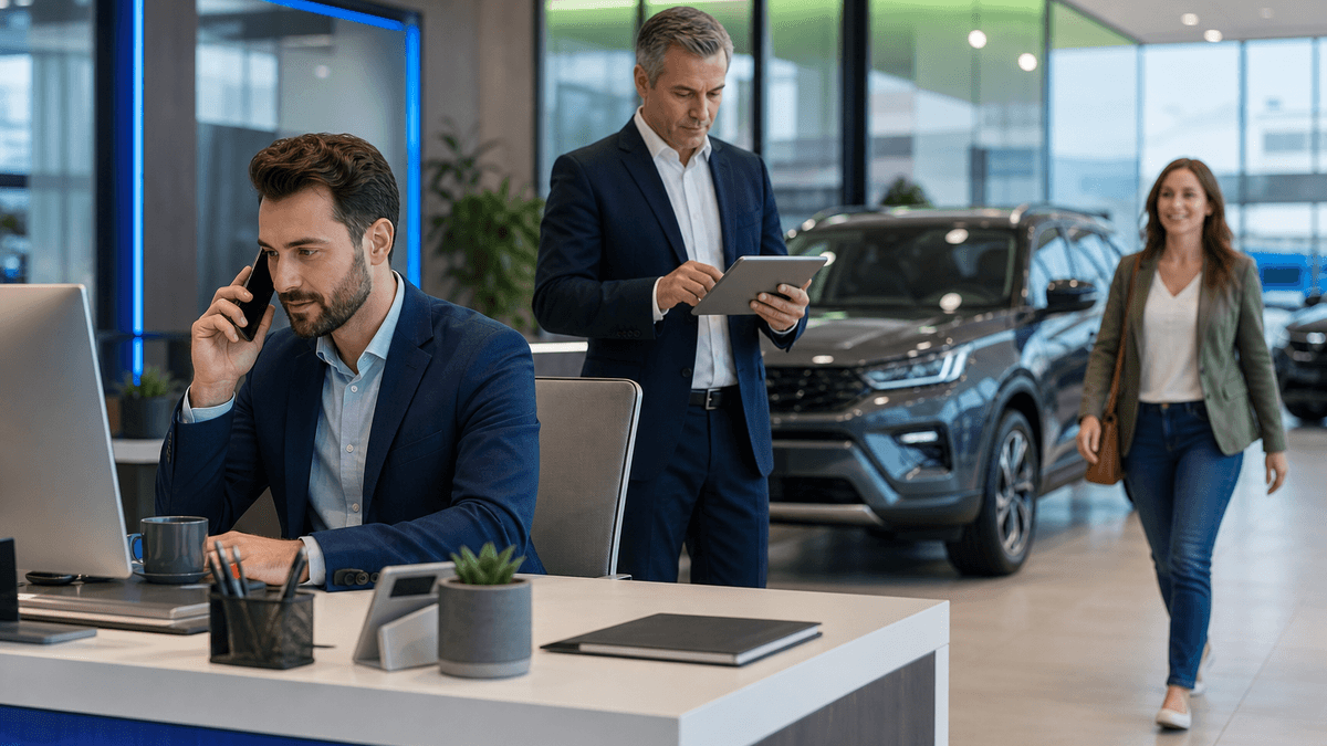 Salesperson responding quickly to a high-intent vehicle shopper near a dealership desk
