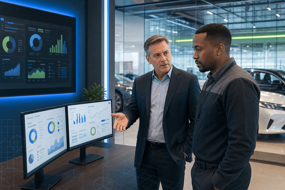 Dealership manager and service advisor reviewing customer text conversations on a modern workstation in a showroom office