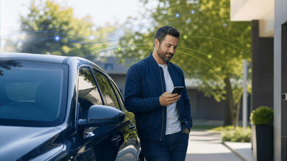 Customer texting a dealership while standing near a vehicle in a driveway