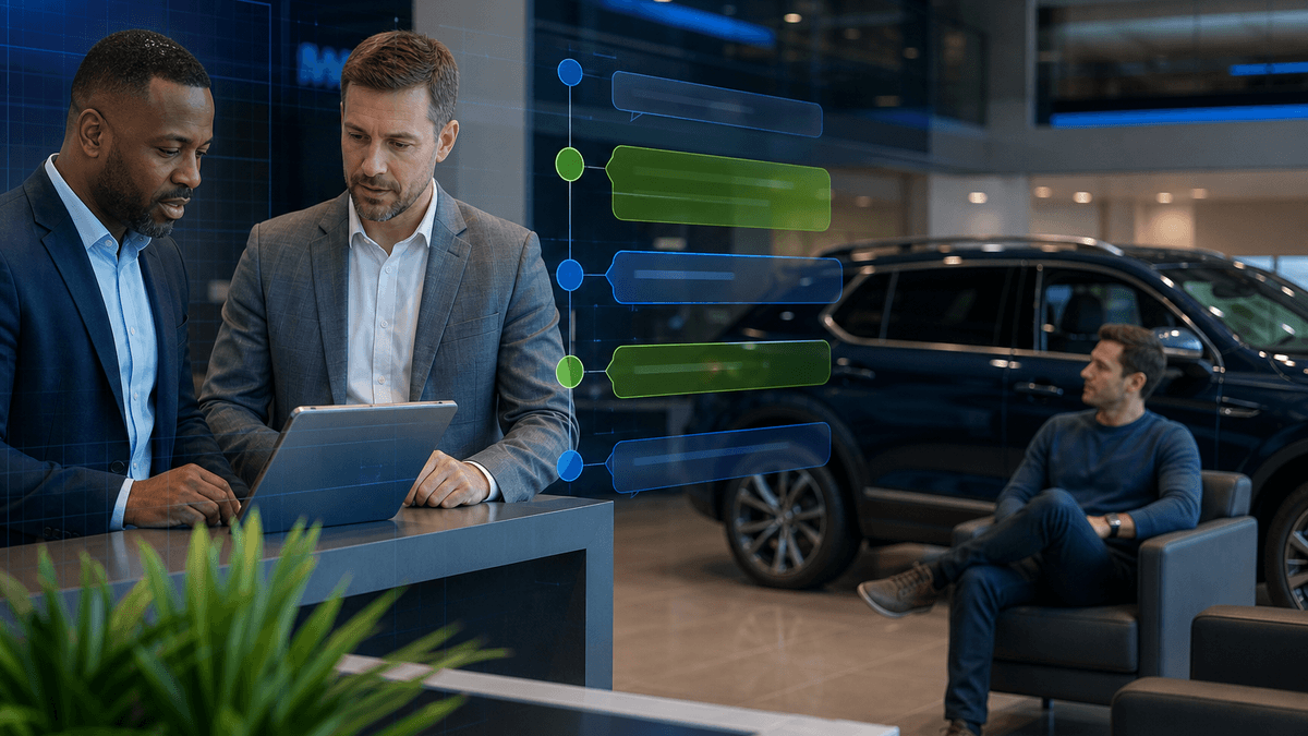 Salesperson and manager coordinating a customer handoff in a dealership showroom