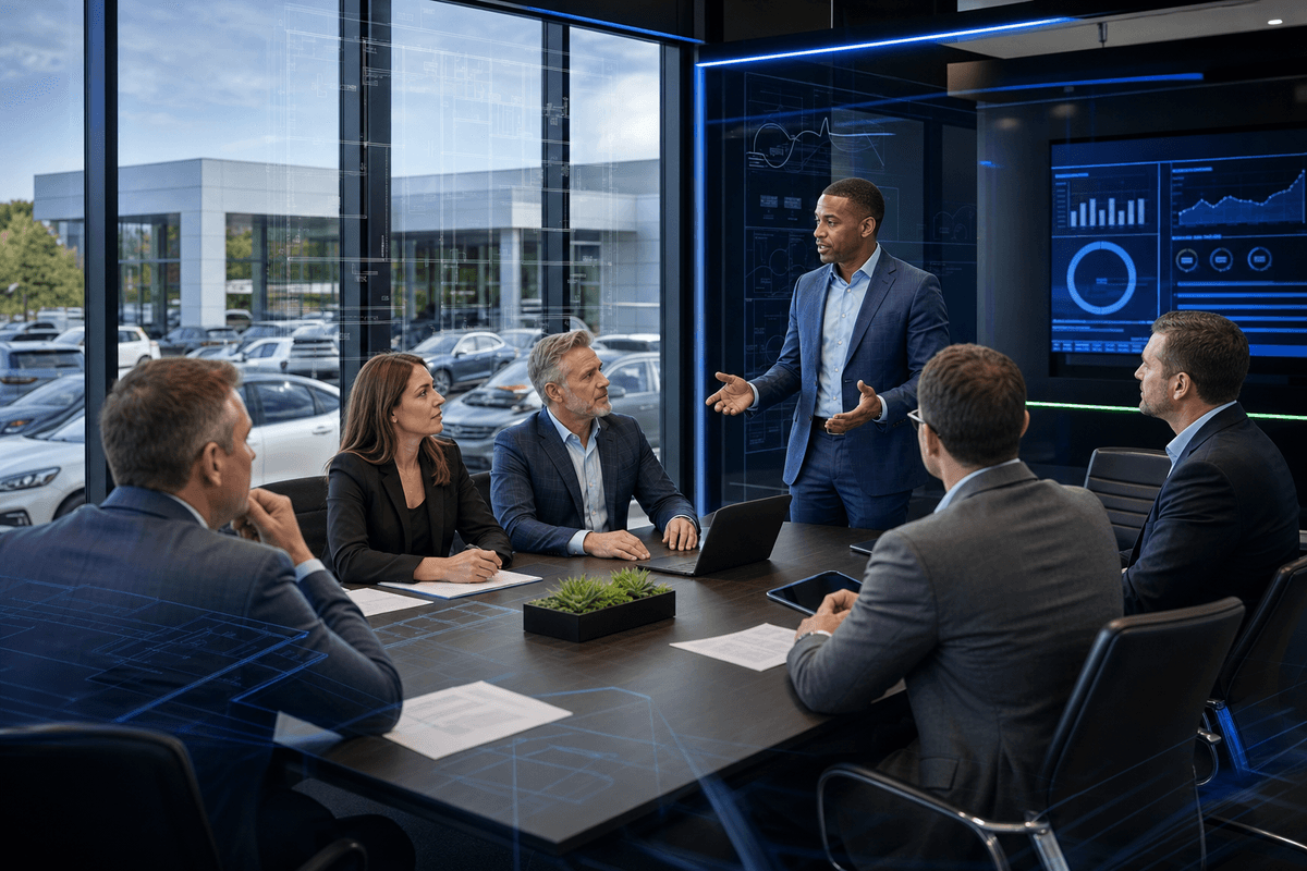 Dealer group leadership reviewing customer communication performance across multiple rooftops in a modern conference room