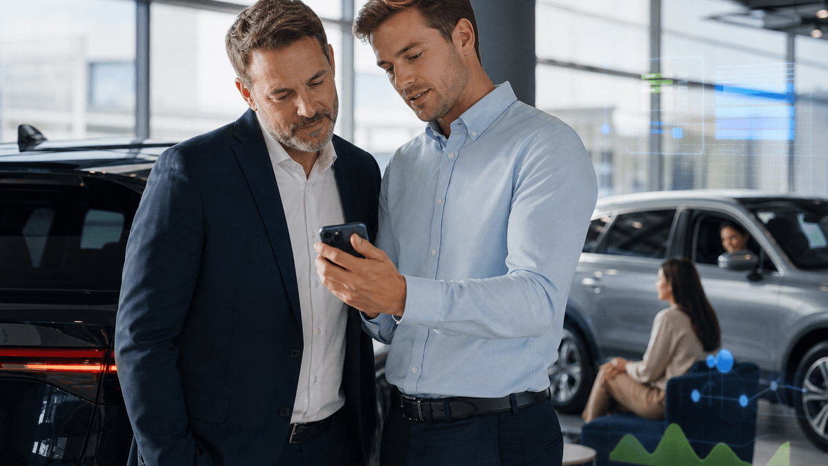 Sales manager coaching a salesperson on a customer conversation in a dealership showroom