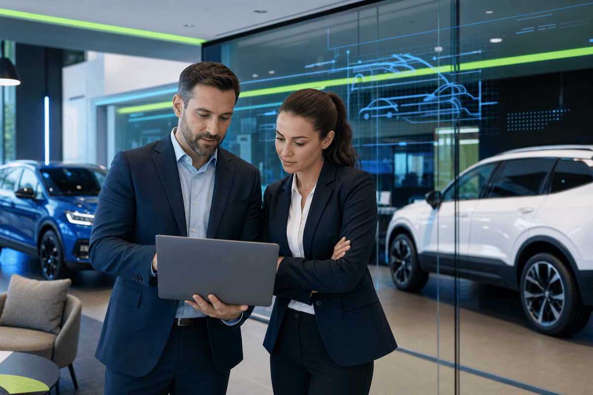 Dealership sales manager and BDC rep reviewing internet lead conversations on a laptop in a showroom with vehicles in the background.