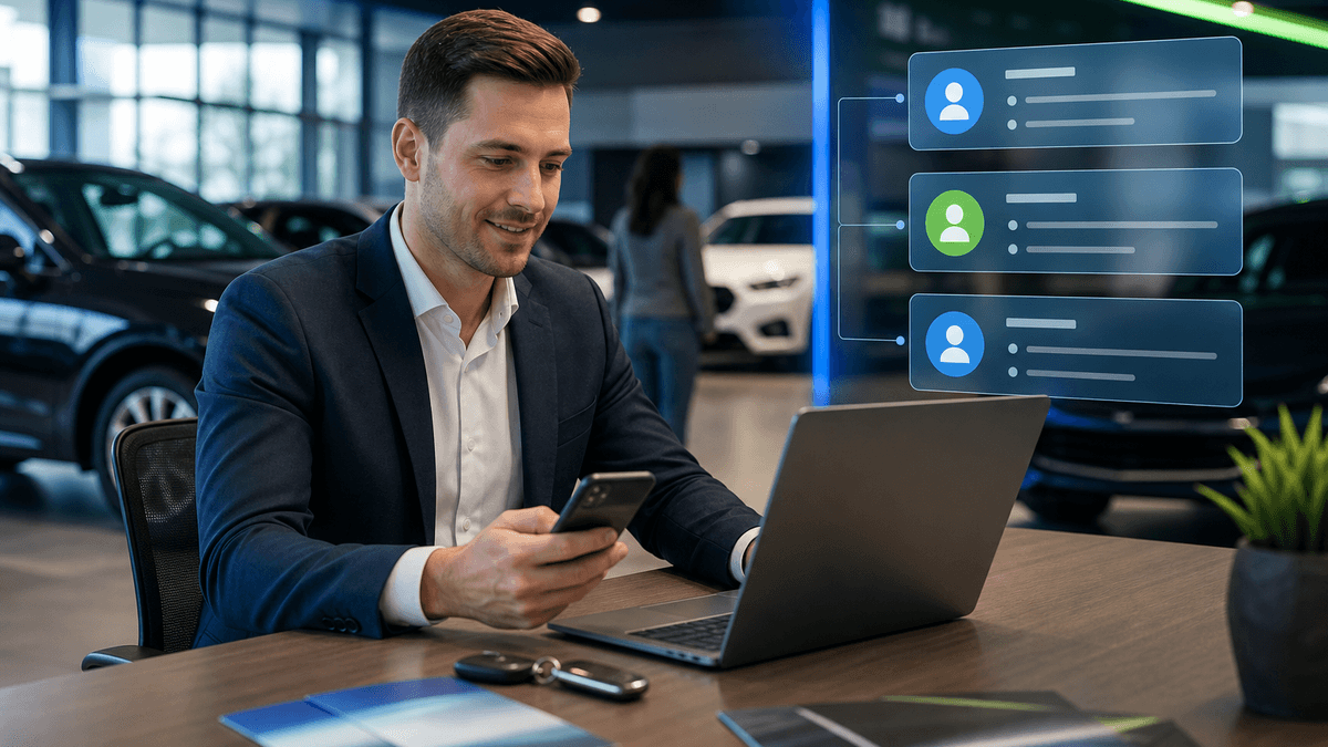 Salesperson texting a shopper from a dealership desk while gathering buying needs and vehicle preferences.