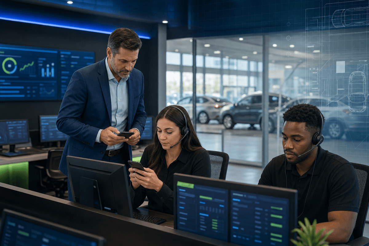 BDC manager reviewing live customer conversations with sales staff in a modern dealership office