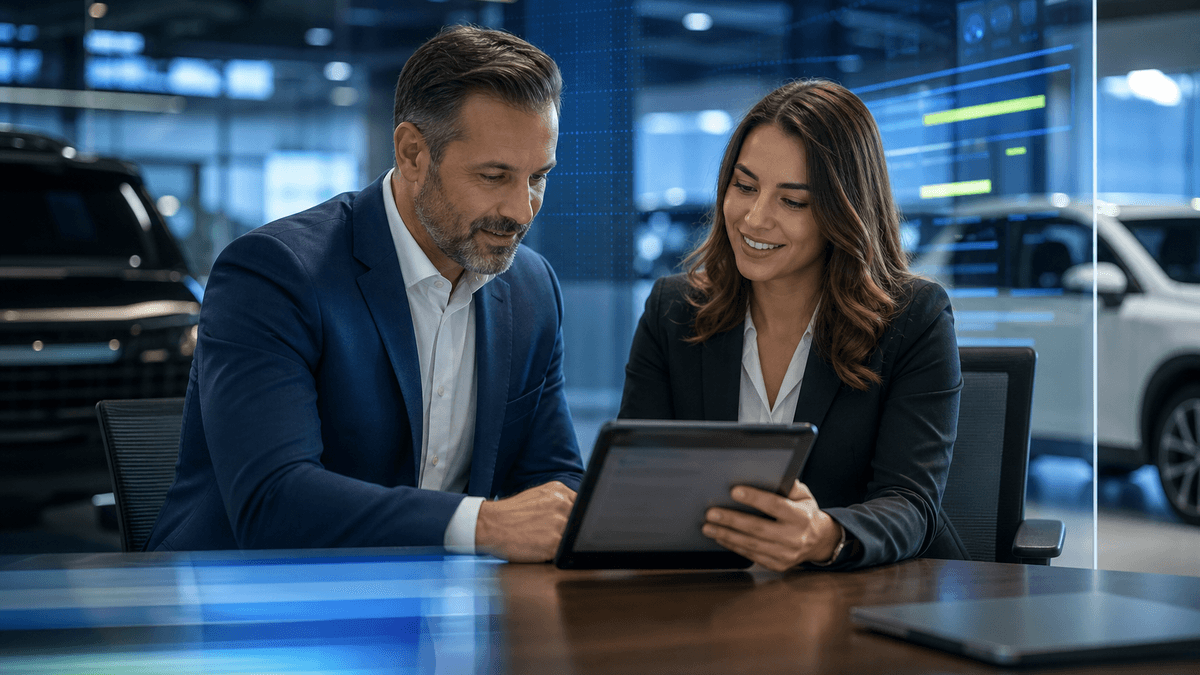Sales manager and BDC rep reviewing a customer handoff at a dealership desk