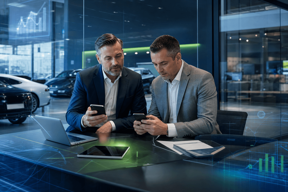 Dealer principal and sales director reviewing customer conversation workflows in a modern dealership office with blue and green lighting