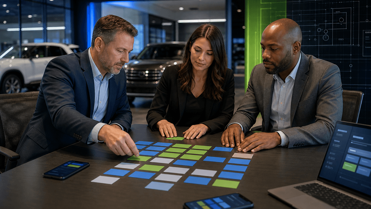Sales manager comparing AI CRM workflow options by dealership pain point