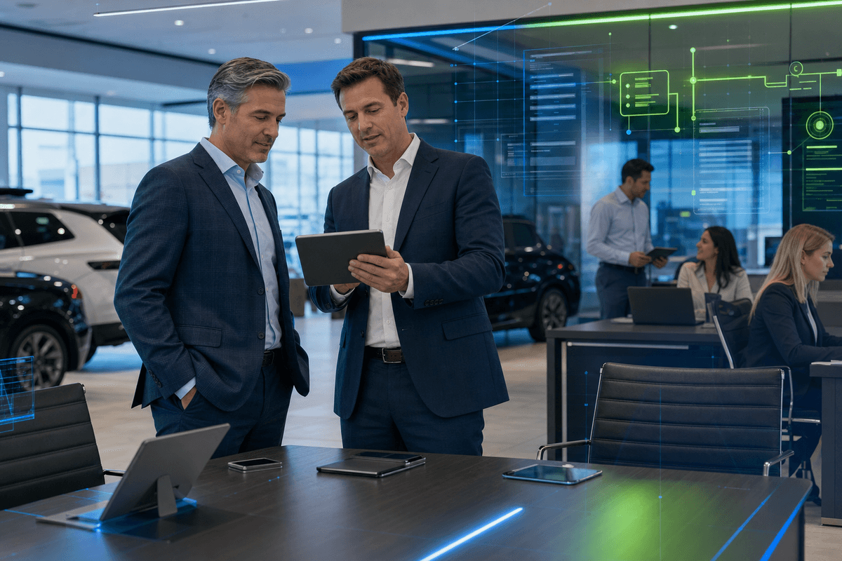 Dealer principal and GSM reviewing dealership customer conversation workflows in a modern sales office