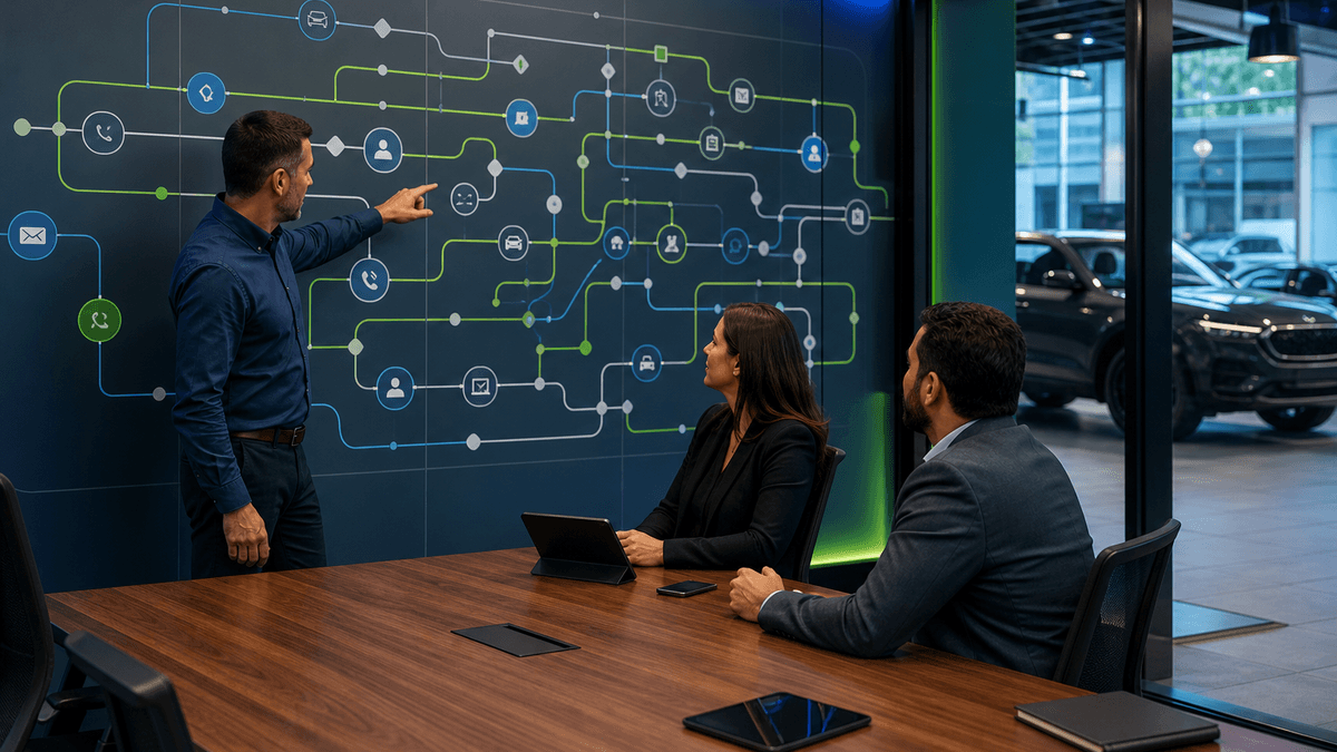 Sales manager identifying inbound and outbound conversation leaks on a dealership workflow map