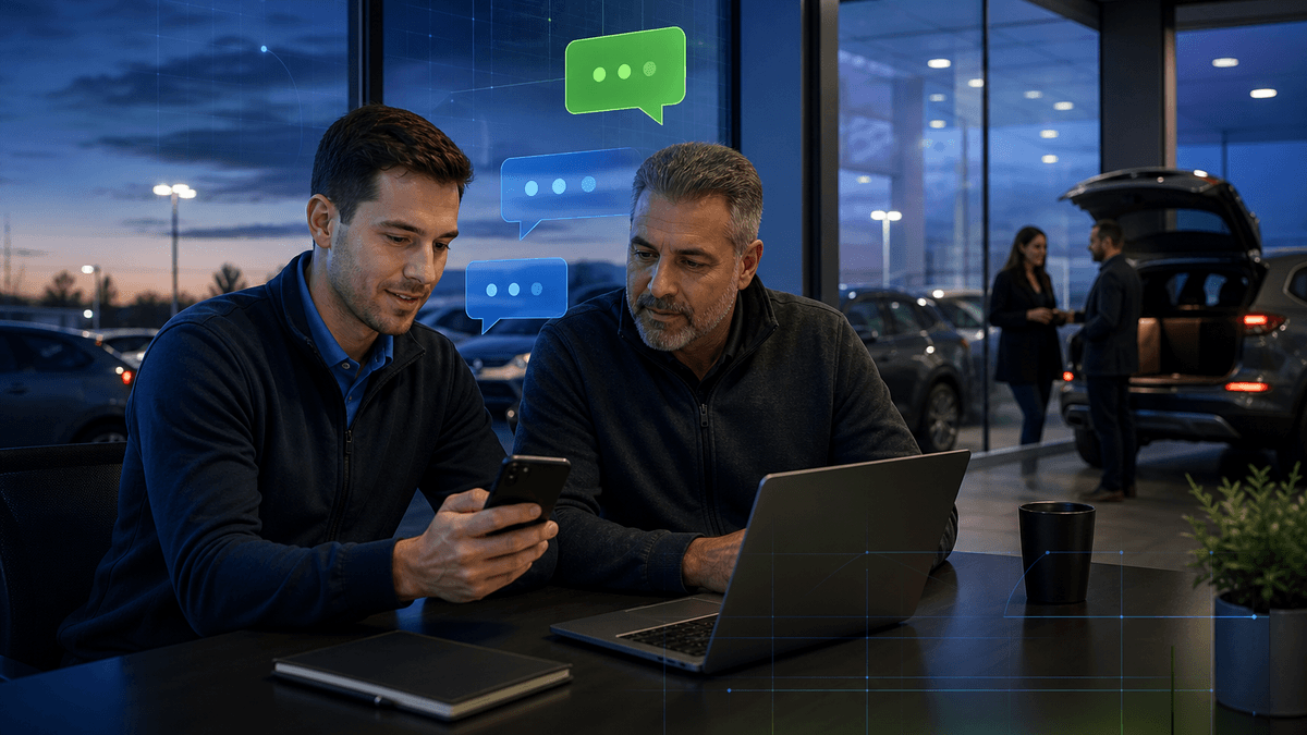 Inbound dealership reply arriving while a manager and salesperson prepare a handoff