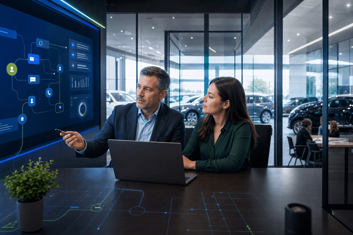 Sales manager comparing dealership CRM workflow modules in a modern showroom office