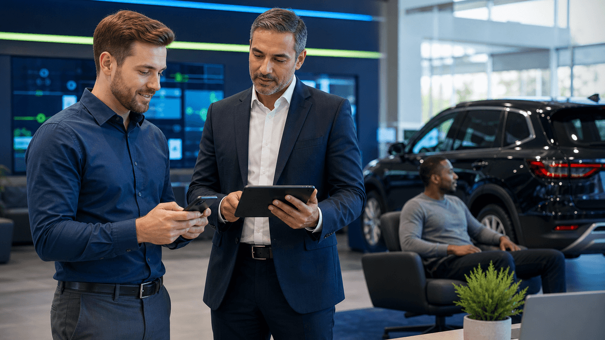 Salesperson reviewing a customer lead on a phone while a manager checks context in the showroom