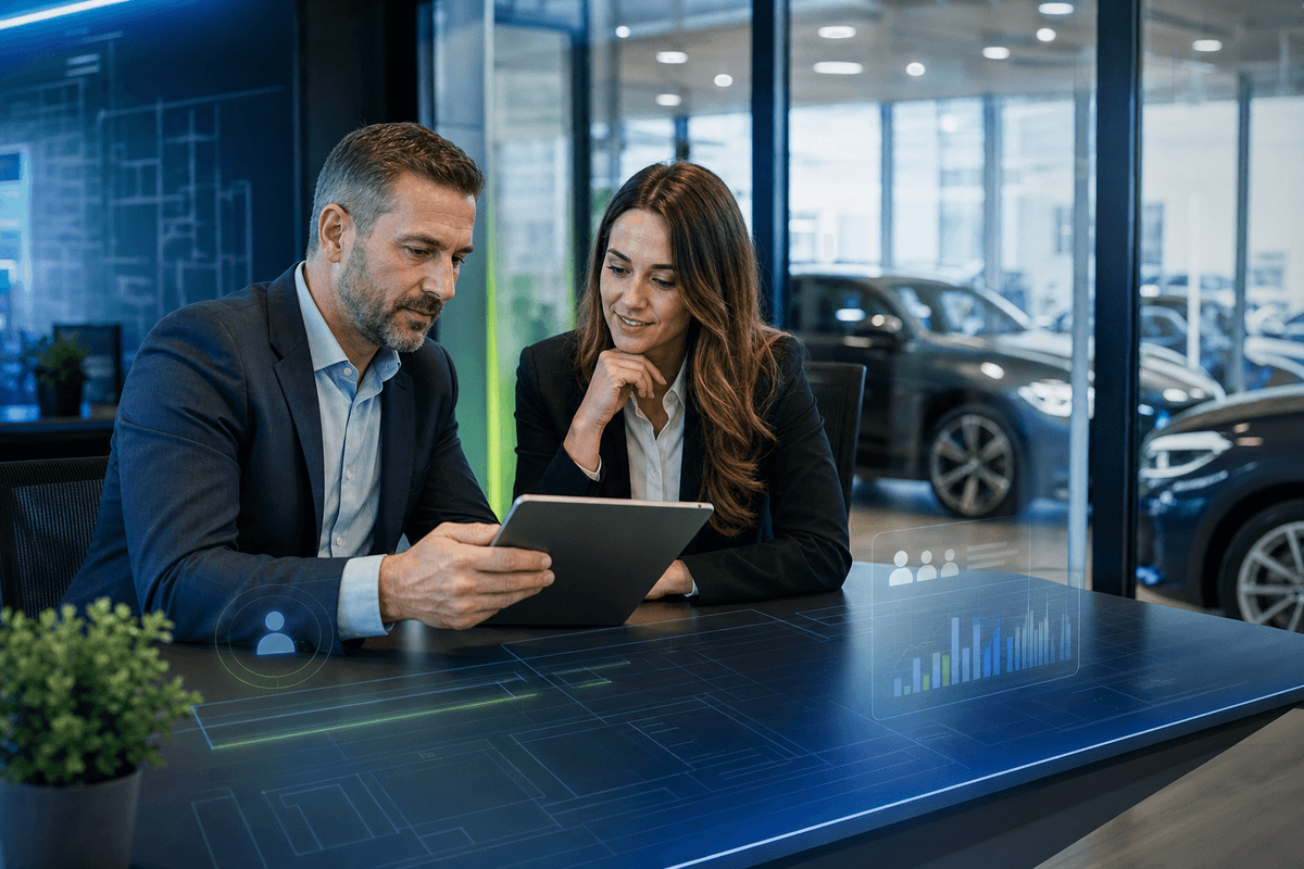Dealership sales manager reviewing CRM performance with BDC leader in a modern showroom office