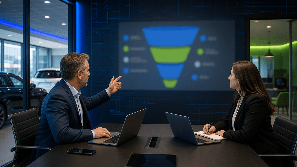 Sales manager comparing different funnel stages on a whiteboard-style planning wall without readable text