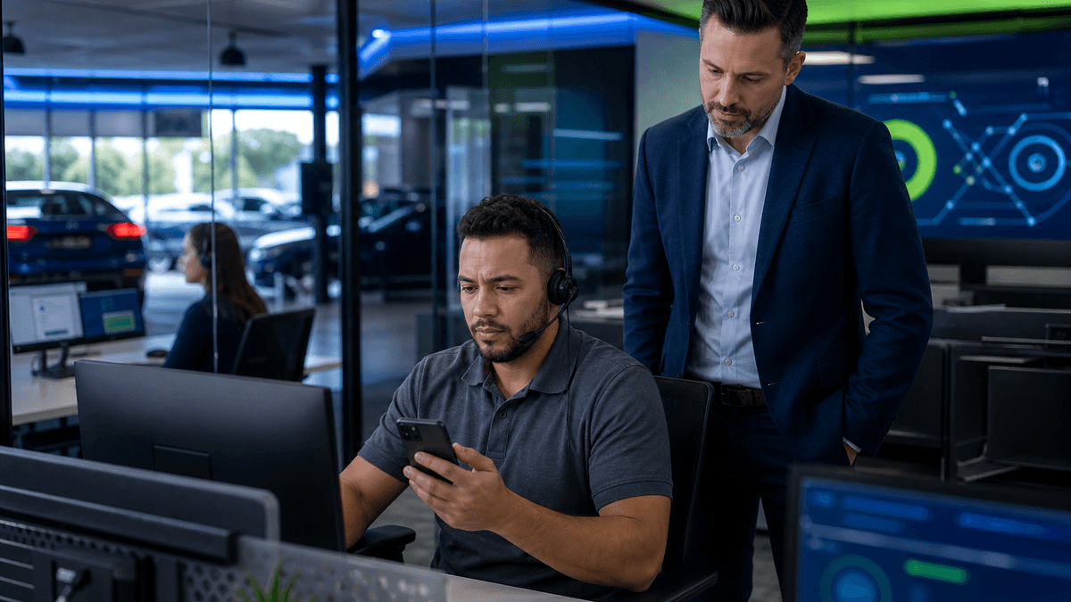 BDC representative handling inbound customer replies while manager observes workflow handoff