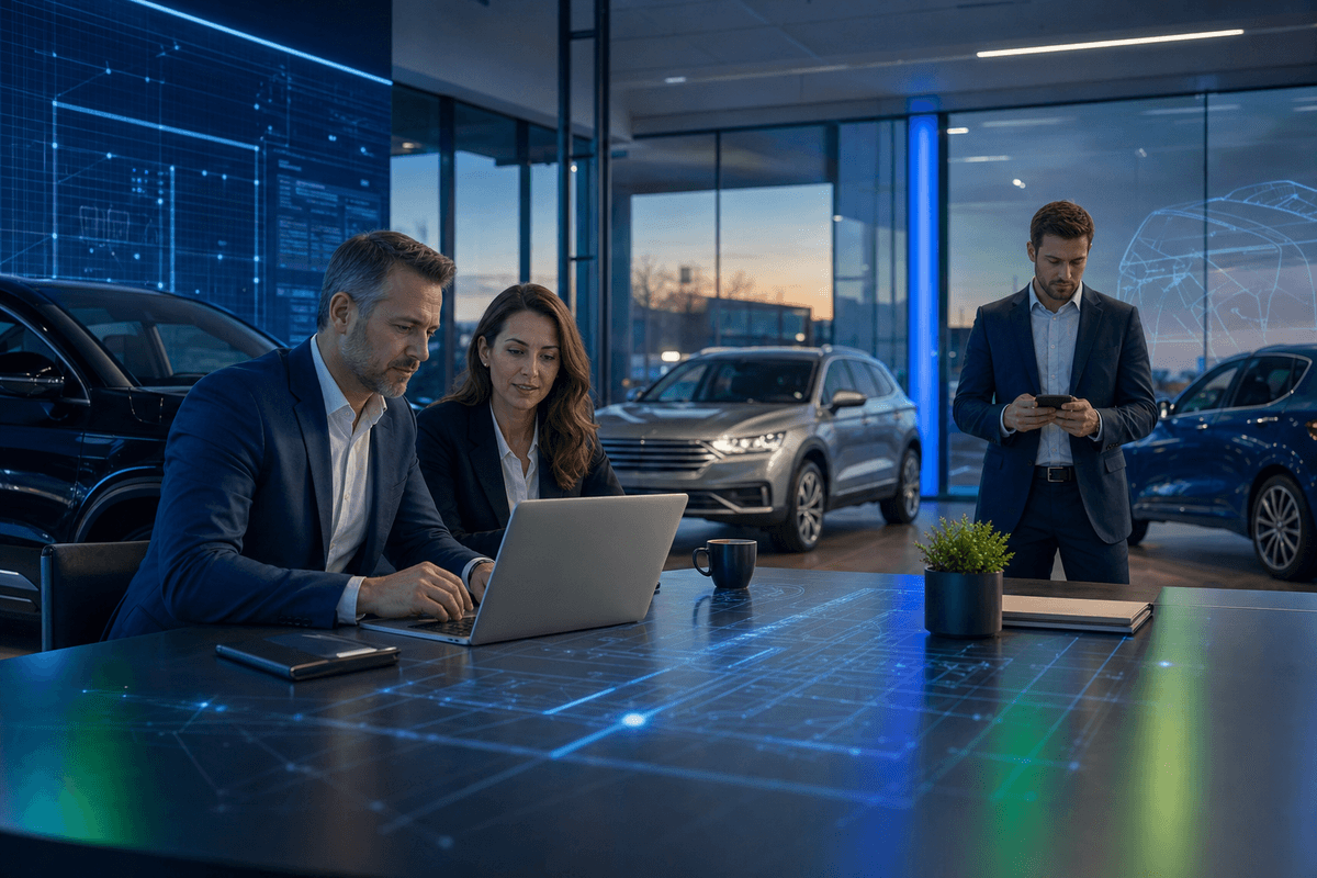 Dealership finance manager and sales manager reviewing a customer credit workflow while a salesperson checks a phone in a modern showroom.