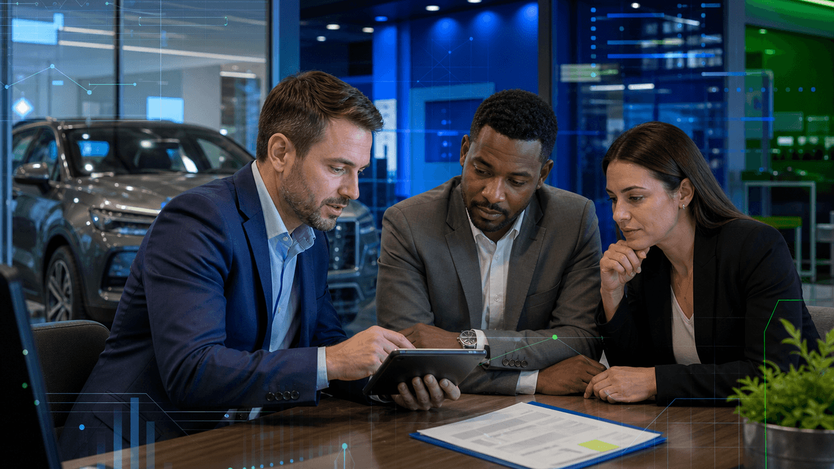 Salesperson and finance manager comparing credit workflow notes before a customer handoff.