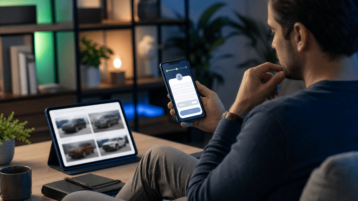 Shopper submitting a native social lead form on a phone while browsing vehicles