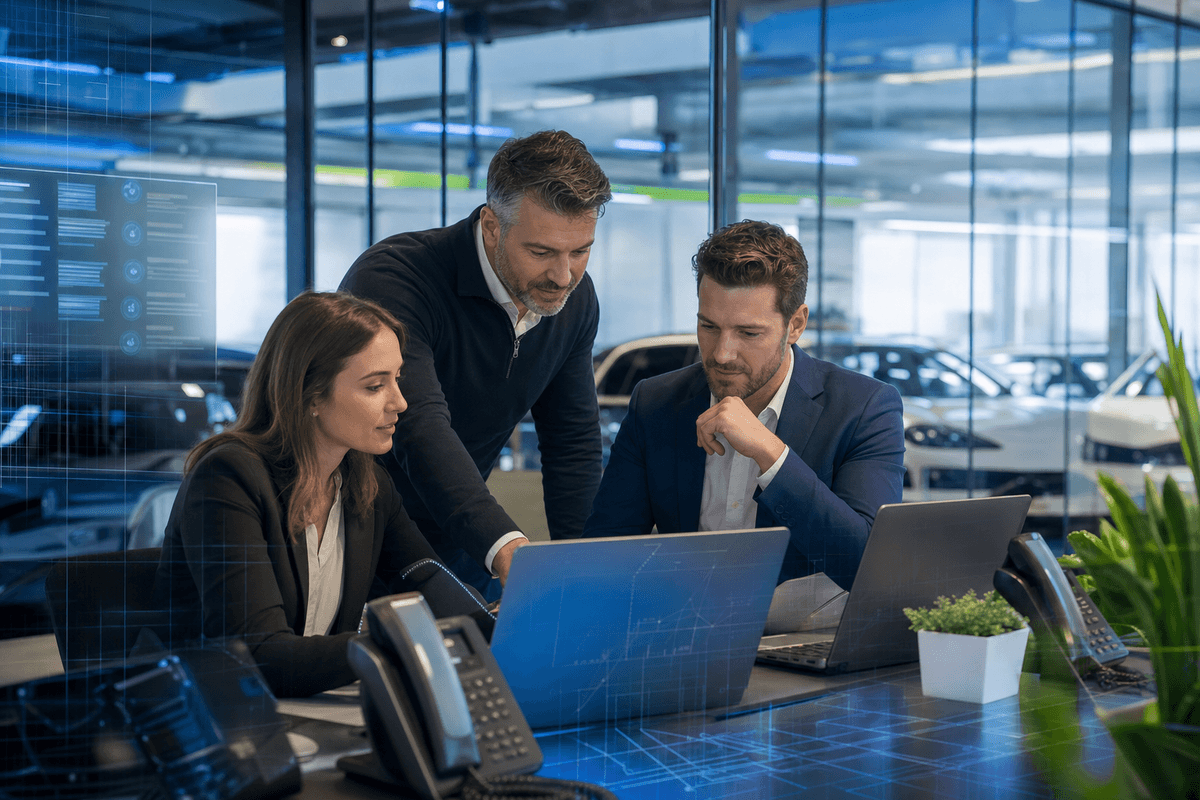 BDC manager reviewing dealership text follow-up controls with sales staff in a modern showroom office