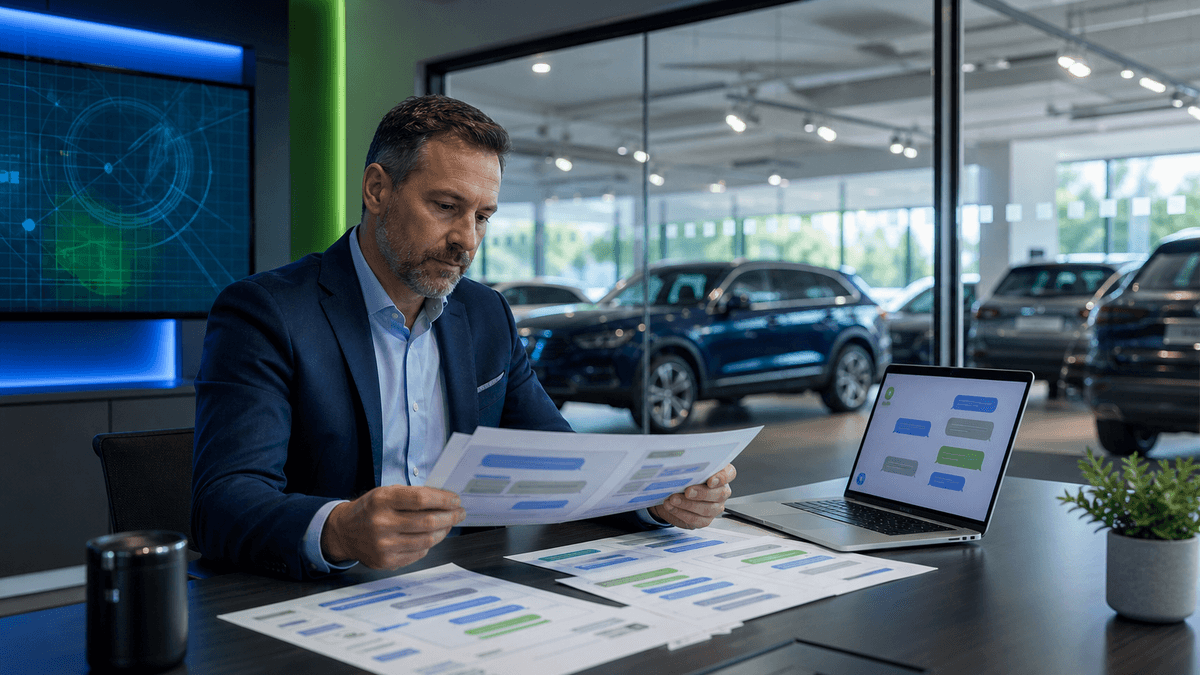 Sales manager comparing message language across dealership lead sources before a campaign launch