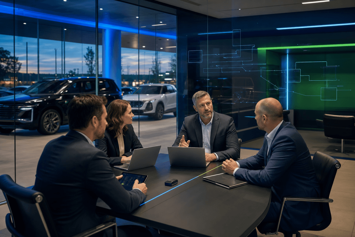 Dealership manager and sales team reviewing customer conversation workflows in a modern showroom with blue and green lighting