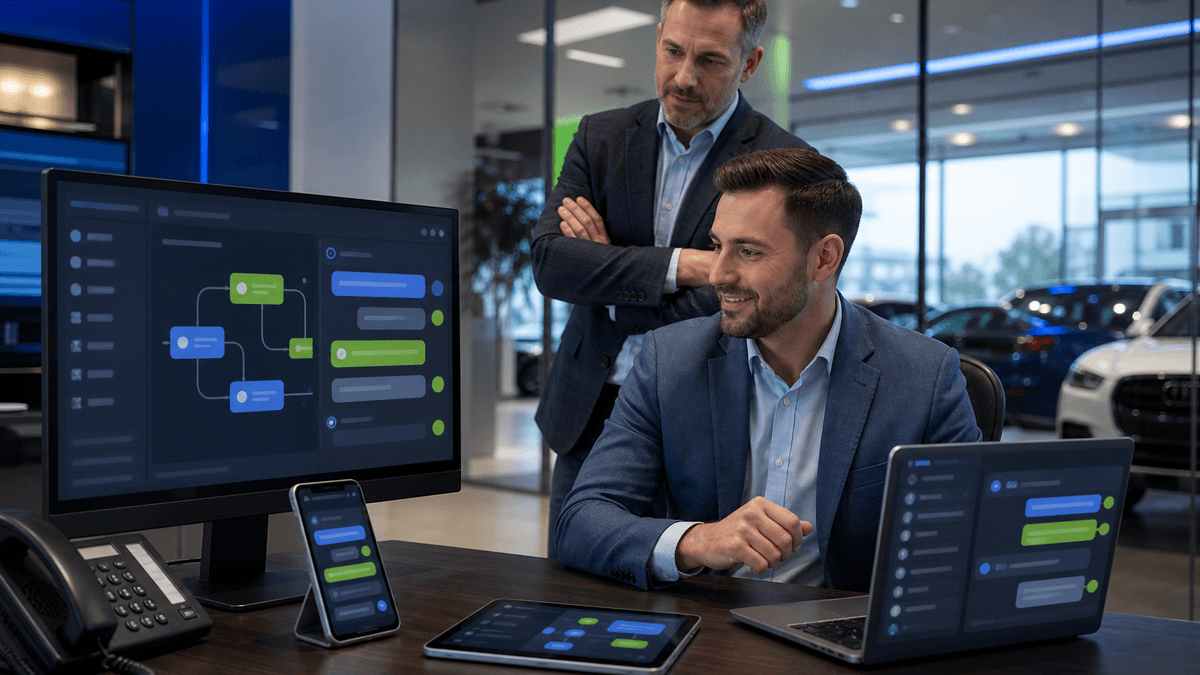 Salesperson surrounded by CRM reminders while customer messages arrive on multiple devices
