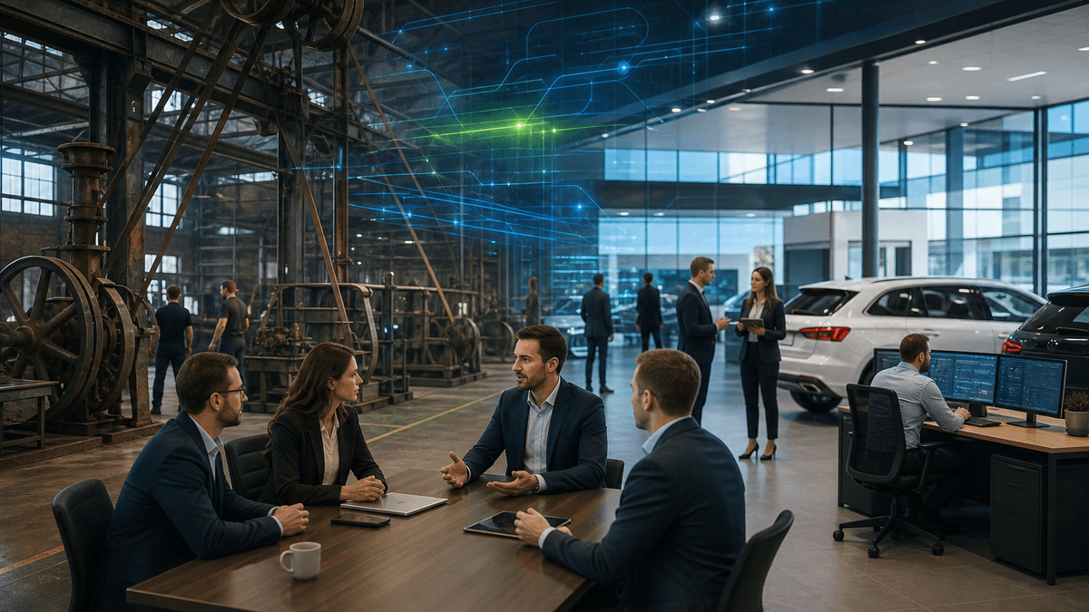 Vintage-inspired factory floor analogy with modern dealership workflow elements