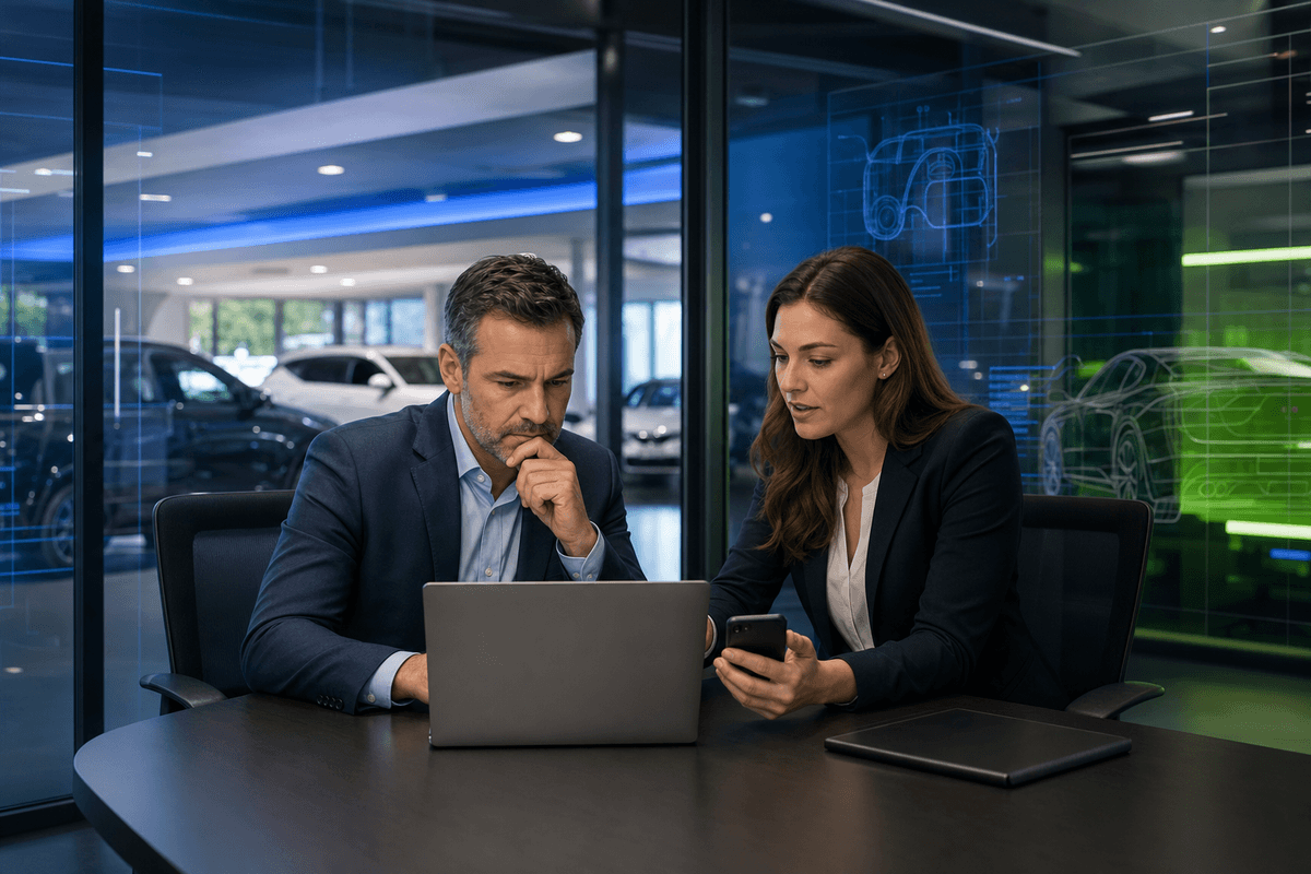 Dealership manager reviewing customer text conversations in a modern showroom office