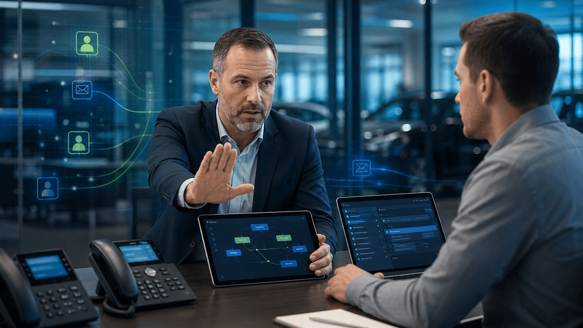 Sales manager stopping a risky mass text campaign before it sends