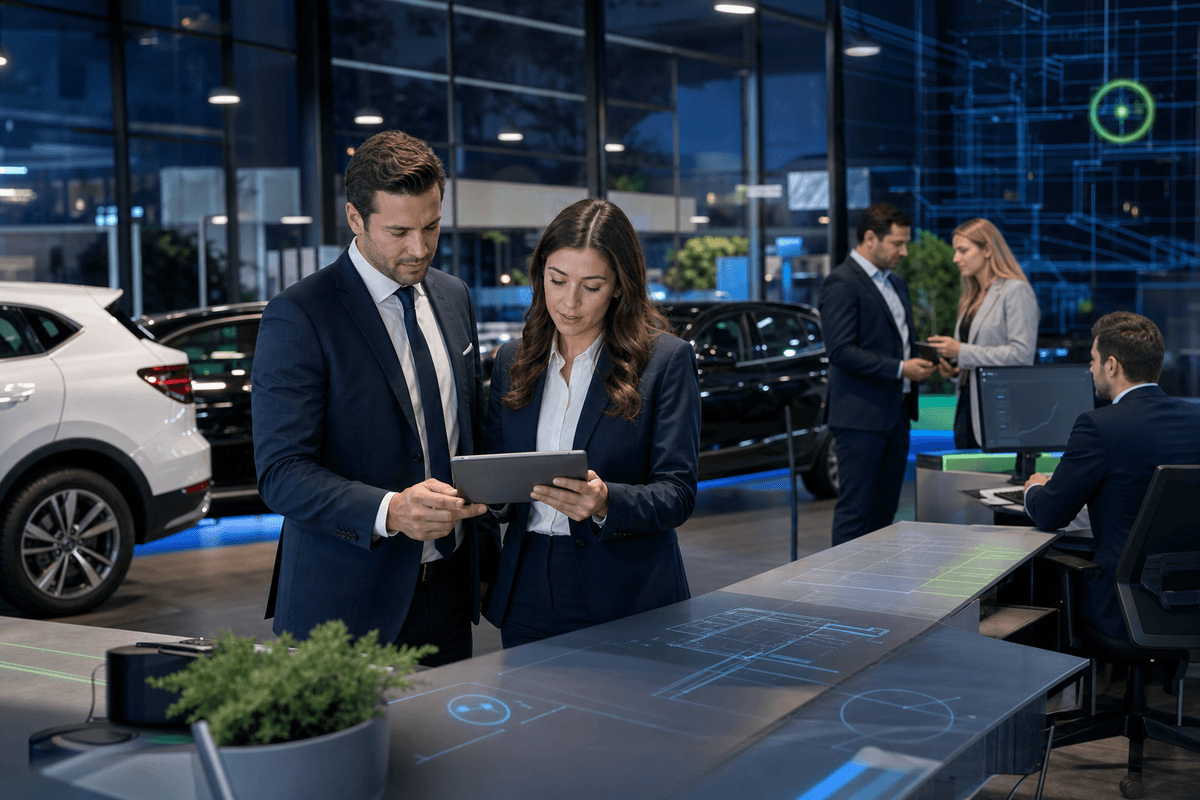 Internet sales manager reviewing dealership lead response workflow with sales staff in a modern showroom