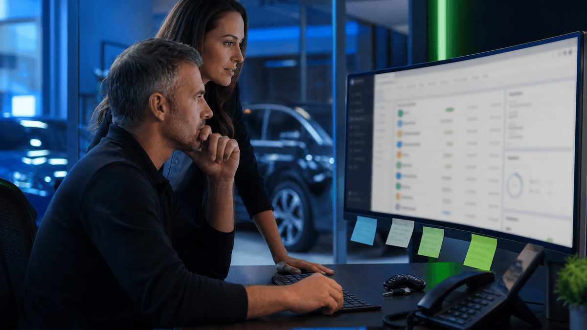 CRM admin reviewing lead source, vehicle interest, trade and credit context before assignment