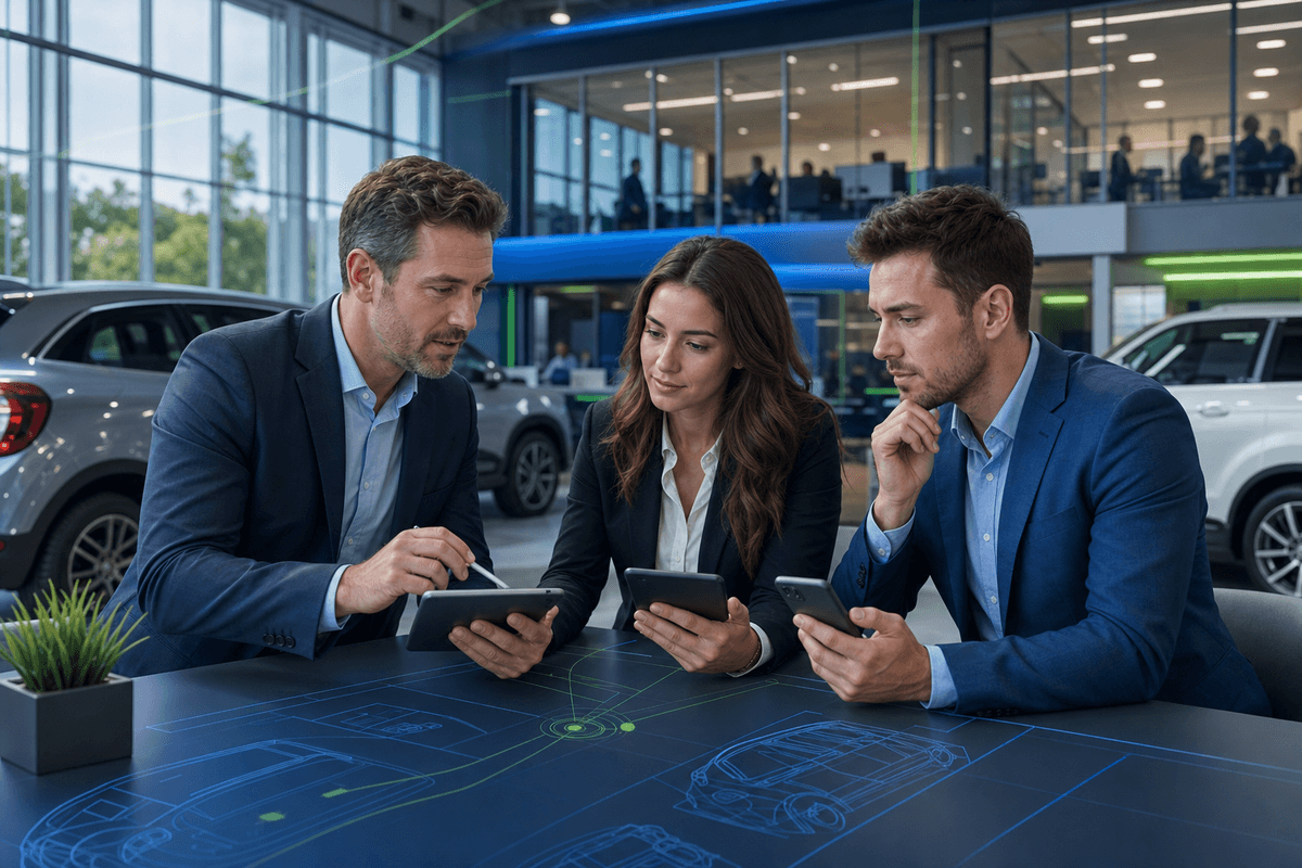 Dealership sales manager reviewing customer conversations with salespeople while shoppers browse vehicles in a modern showroom